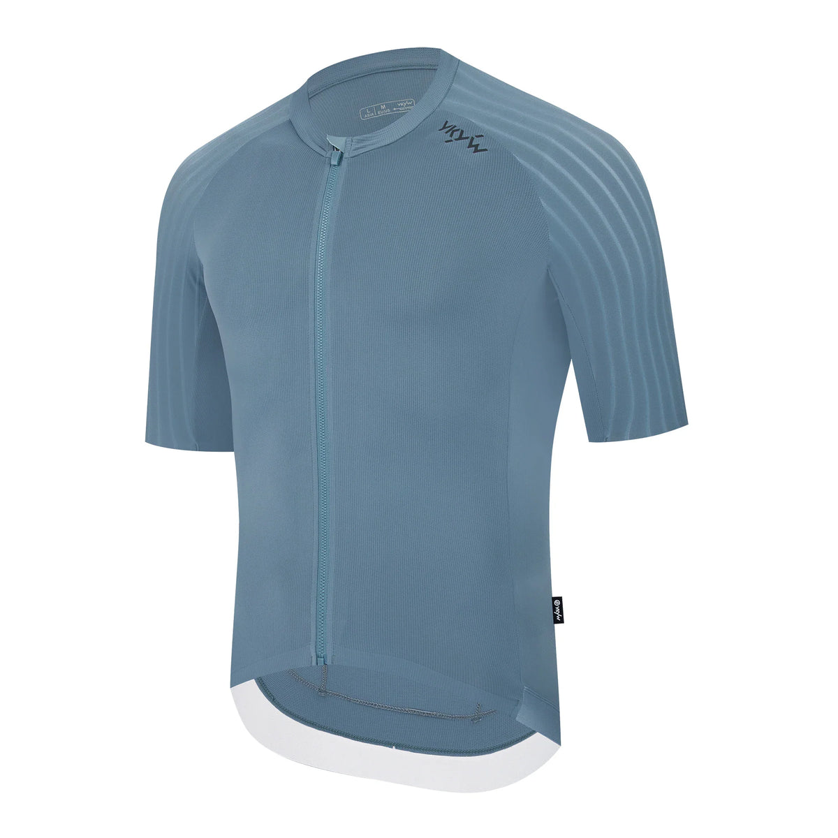 Front view of a blue men's short sleeve cycling jersey with full length zipper