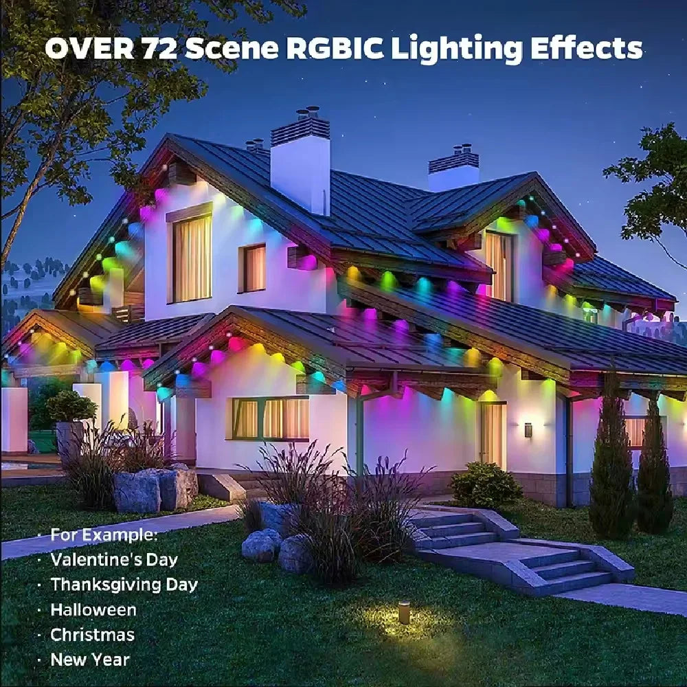 Smart outdoor RGBIC LED lights for house exterior featuring various holiday lighting scenes and color effects