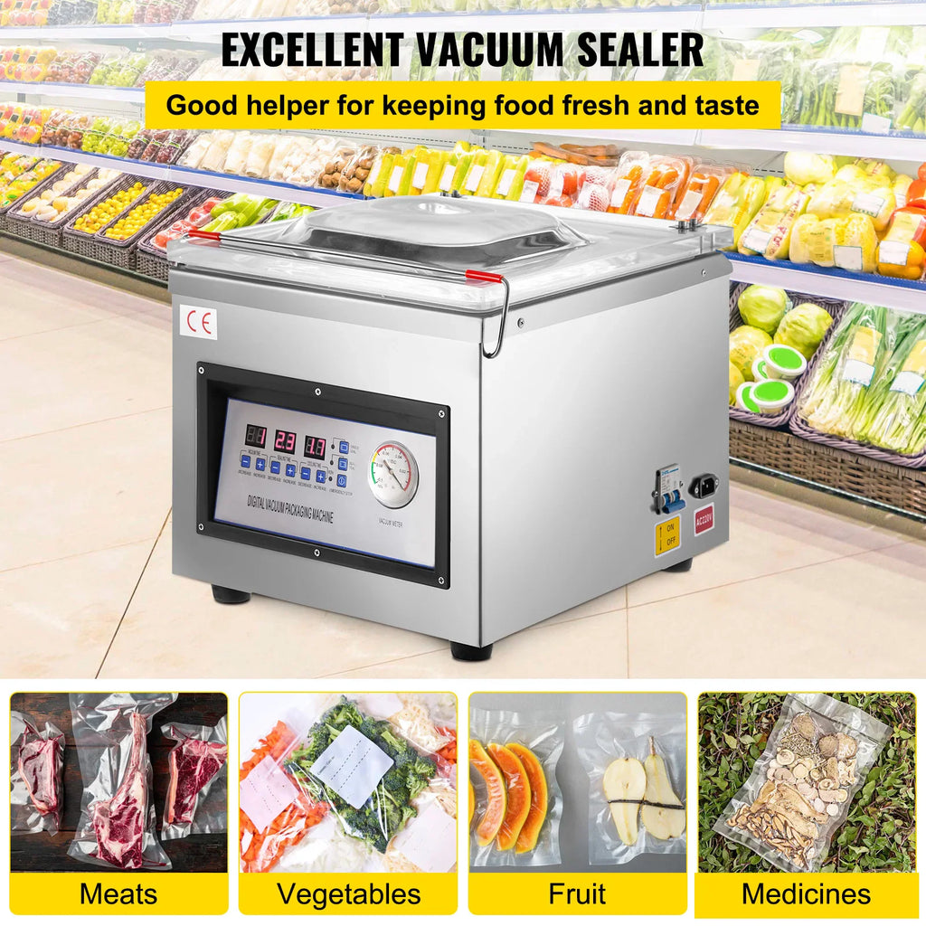 Stainless steel chamber vacuum sealer shown in a grocery store setting with examples of sealed meats and vegetables