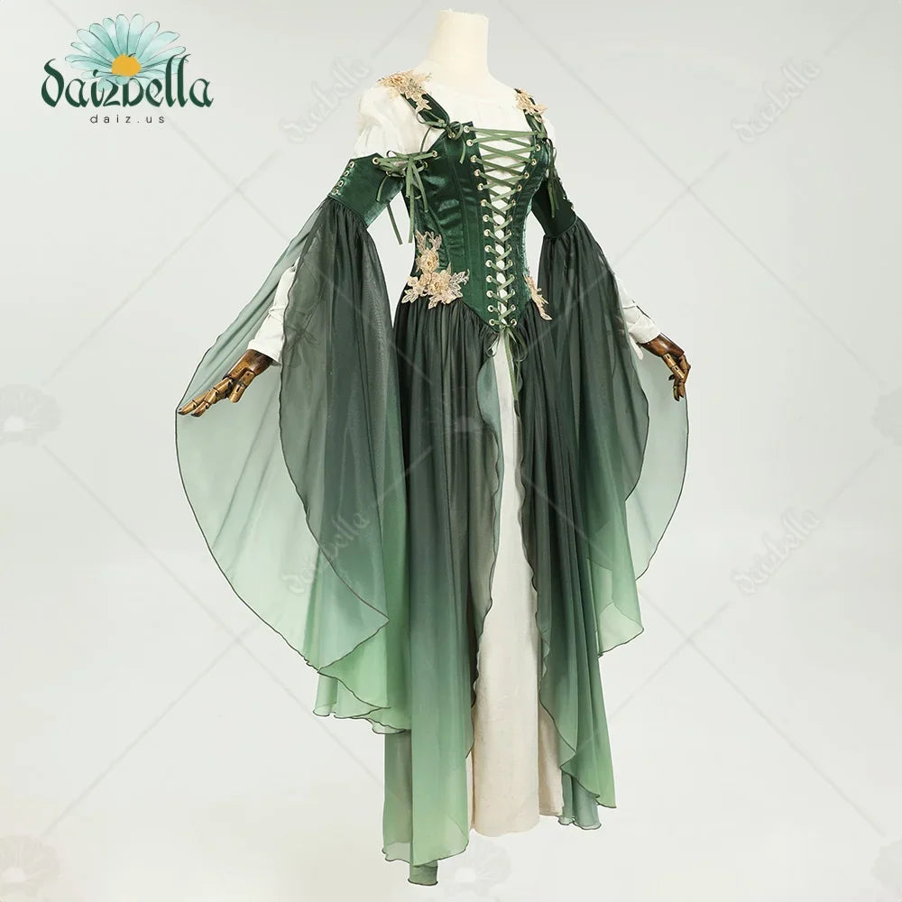 Green renaissance dress with corset bodice and flowing sleeves on a mannequin