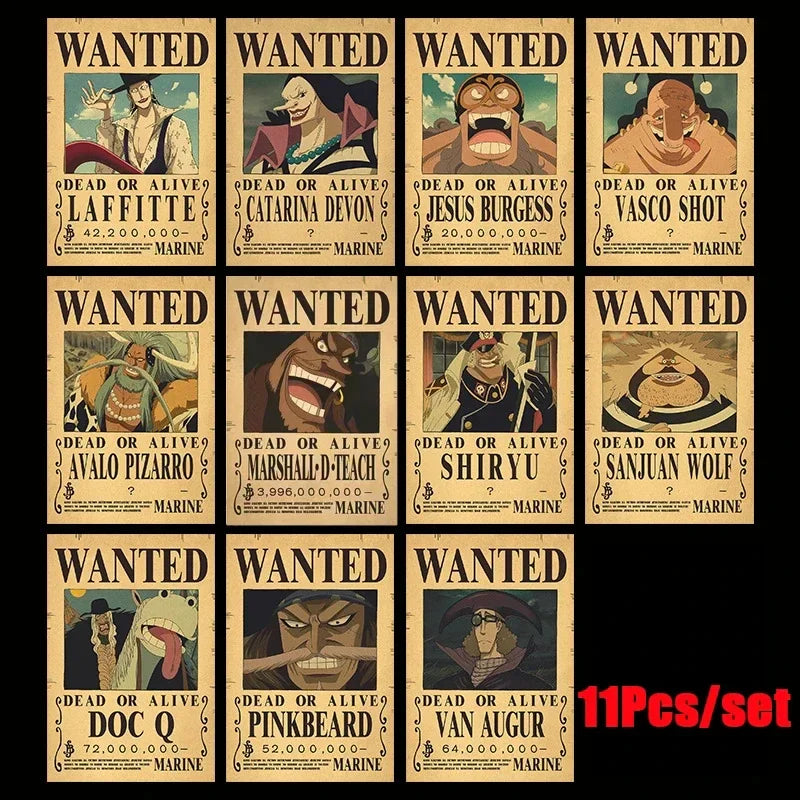 Set of eleven wanted posters featuring various anime characters on kraft paper
