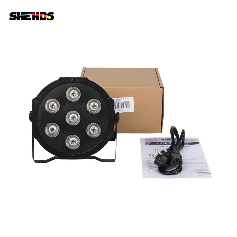 Flat led par stage light with included shipping box, power cable and manual