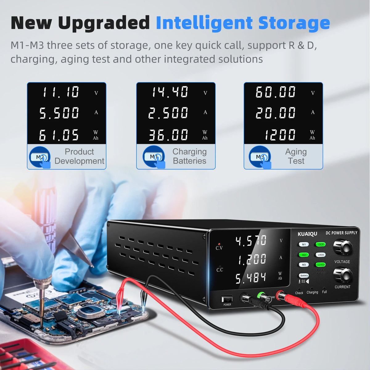 60V 20A DC power supply with memory storage settings and technician using it