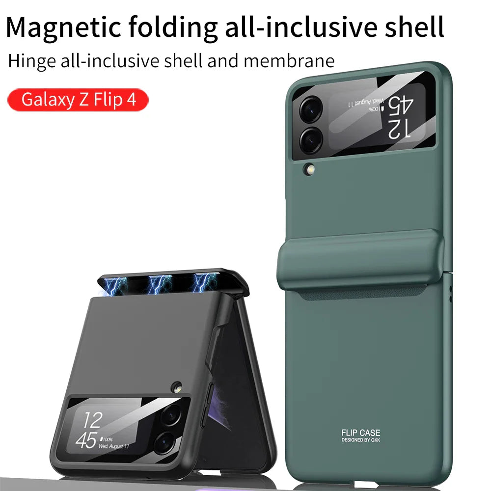Magnetic folding smartphone cases in dark green and black showing hinge protection