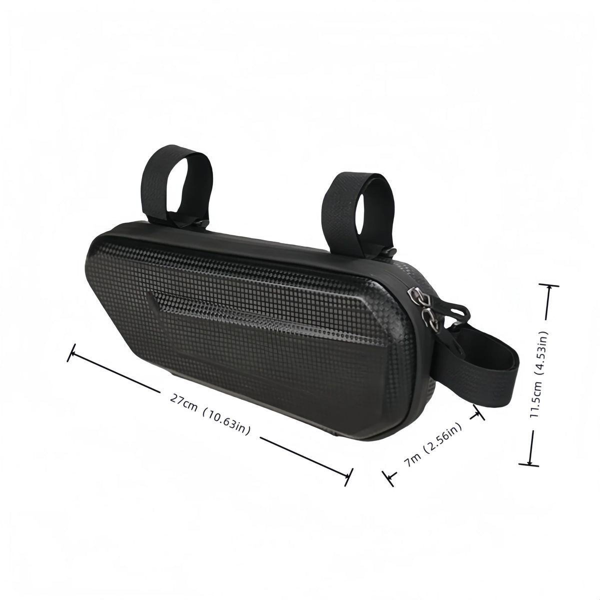 Motorcycle storage bag with labels indicating dimensions of 27cm by 11.5cm by 7cm
