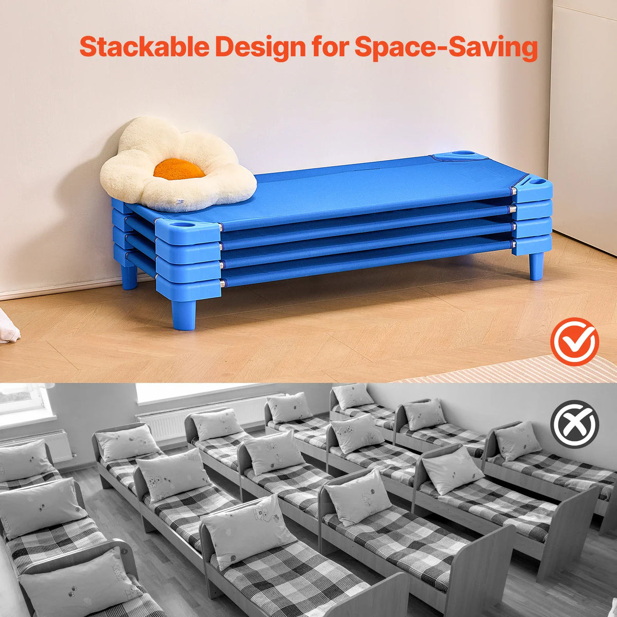 A stack of blue nap cots compared to a room with traditional wooden beds