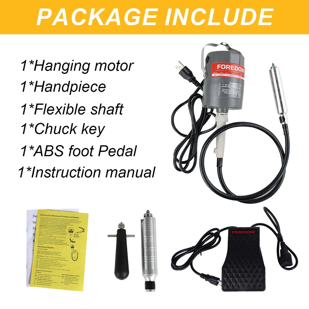Package contents for hanging motor rotary tool including handpiece, foot pedal, and accessories