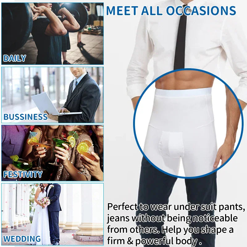 White high-waist compression shapewear shorts for men styled for various occasions