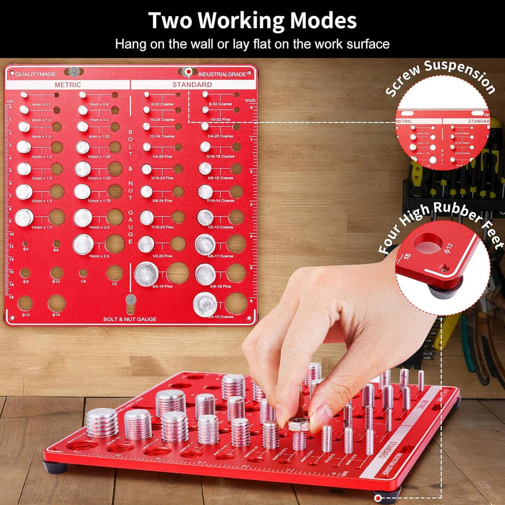 Red bolt and nut thread checker showing two mounting modes with hand for scale