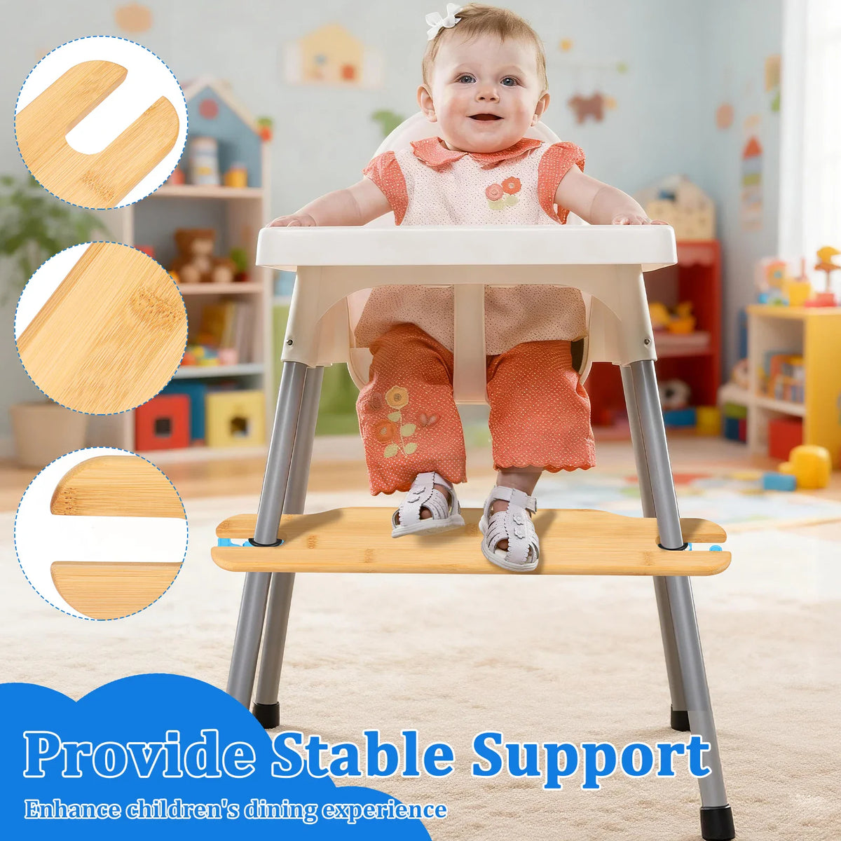 Baby in a highchair using a wooden footrest with close-up details of the bamboo texture