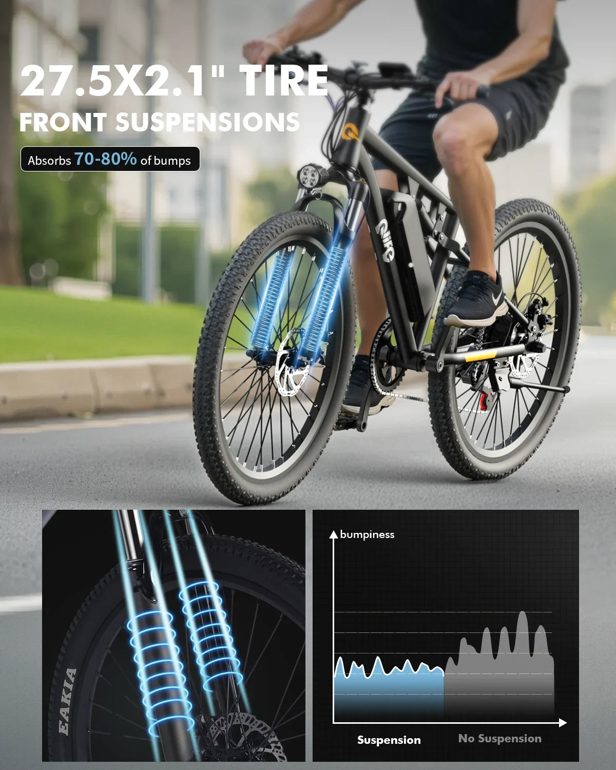 Electric mountain bike with front suspension detail and a graph showing bump absorption