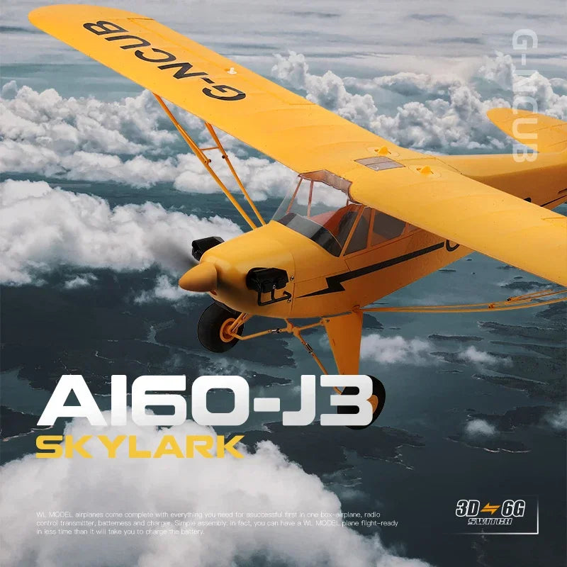 Yellow radio-controlled airplane flying in the sky