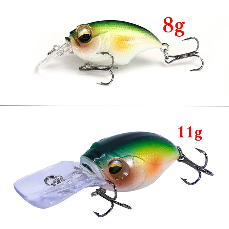 Two fishing crankbait lures with different weights marked next to them