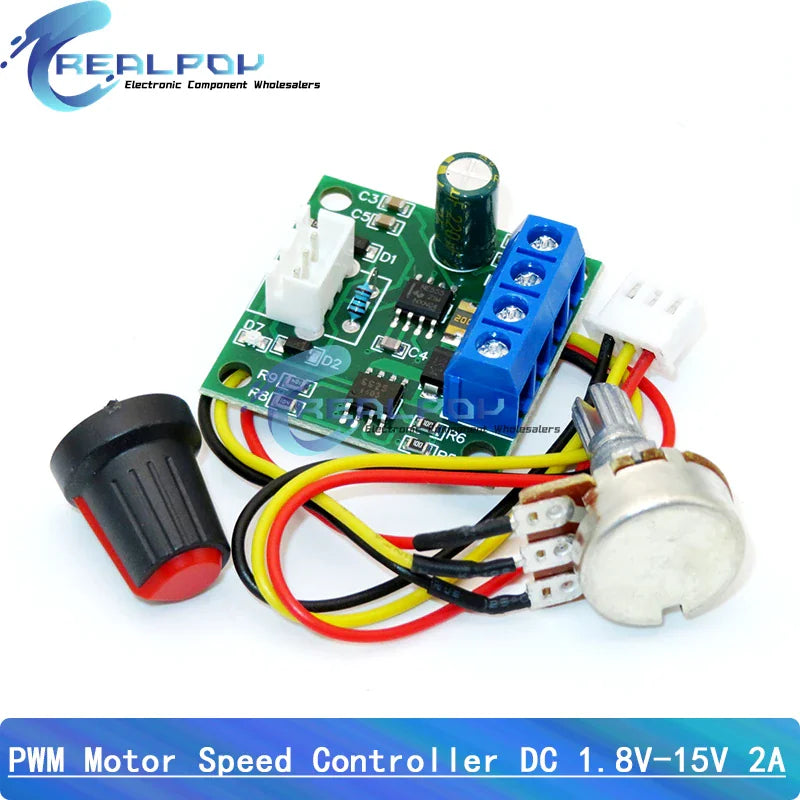 A green PWM motor speed controller board with a separate rotary potentiometer and connecting wires.