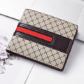 A beige bi-fold wallet for men with a dark brown leather strap and a red stripe detail, placed on a white surface with a