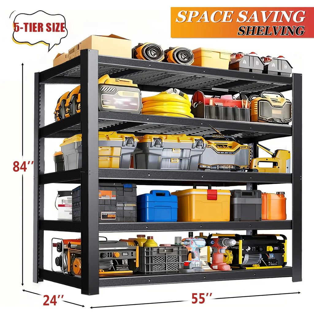 5-tier heavy duty industrial metal storage shelf with dimensions labeled in inches