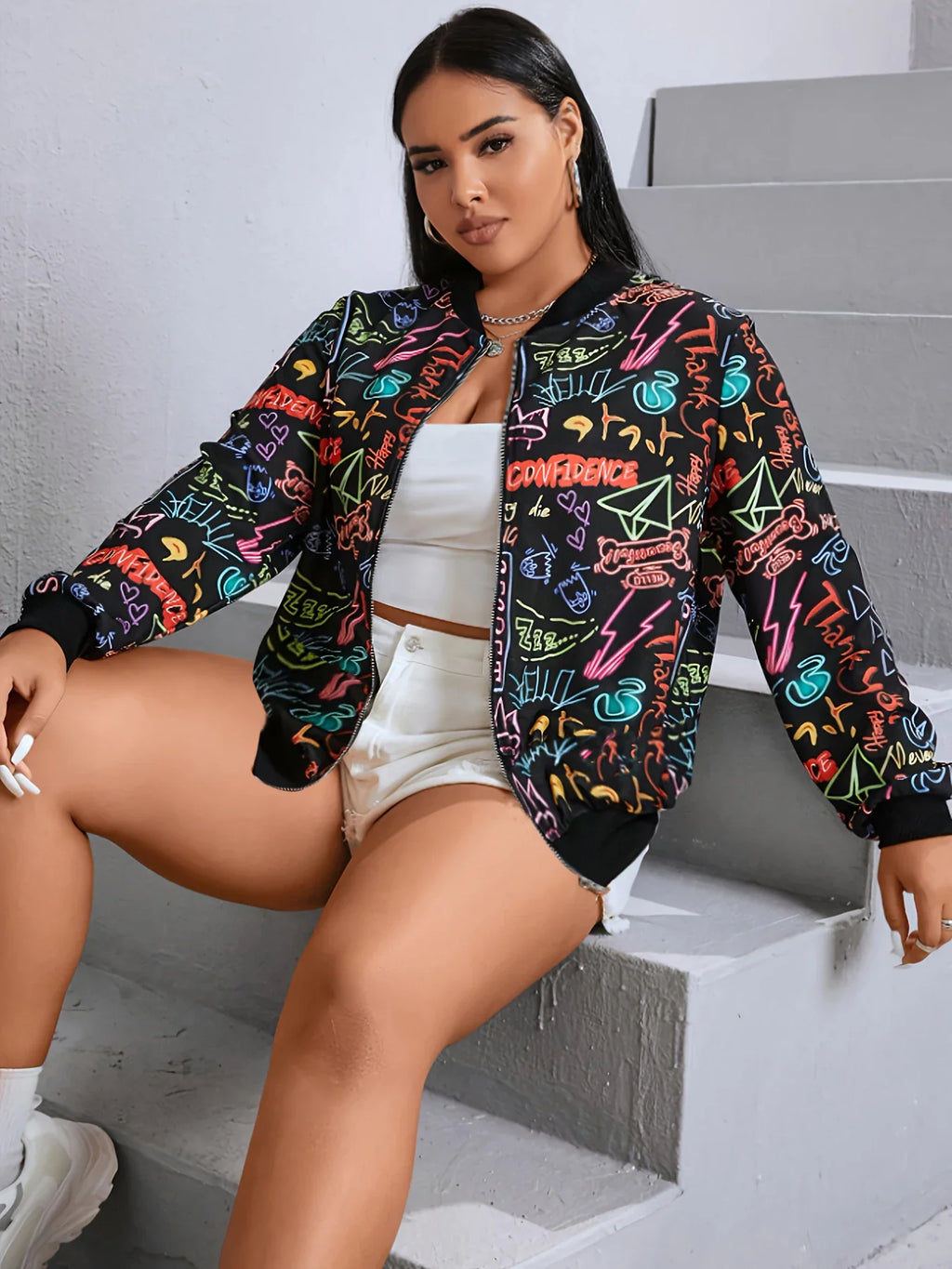 Plus size woman wearing a black graffiti print zip-up bomber jacket over a white top and shorts.