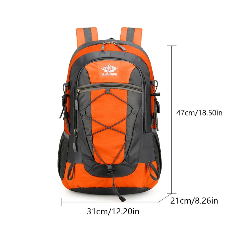 Orange and grey hiking backpack showing dimensions