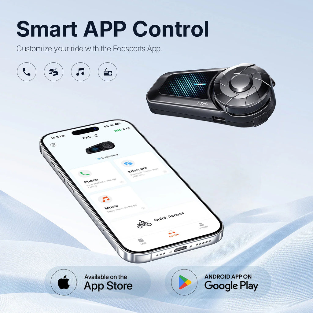A motorcycle helmet intercom unit shown with a smartphone displaying the control app