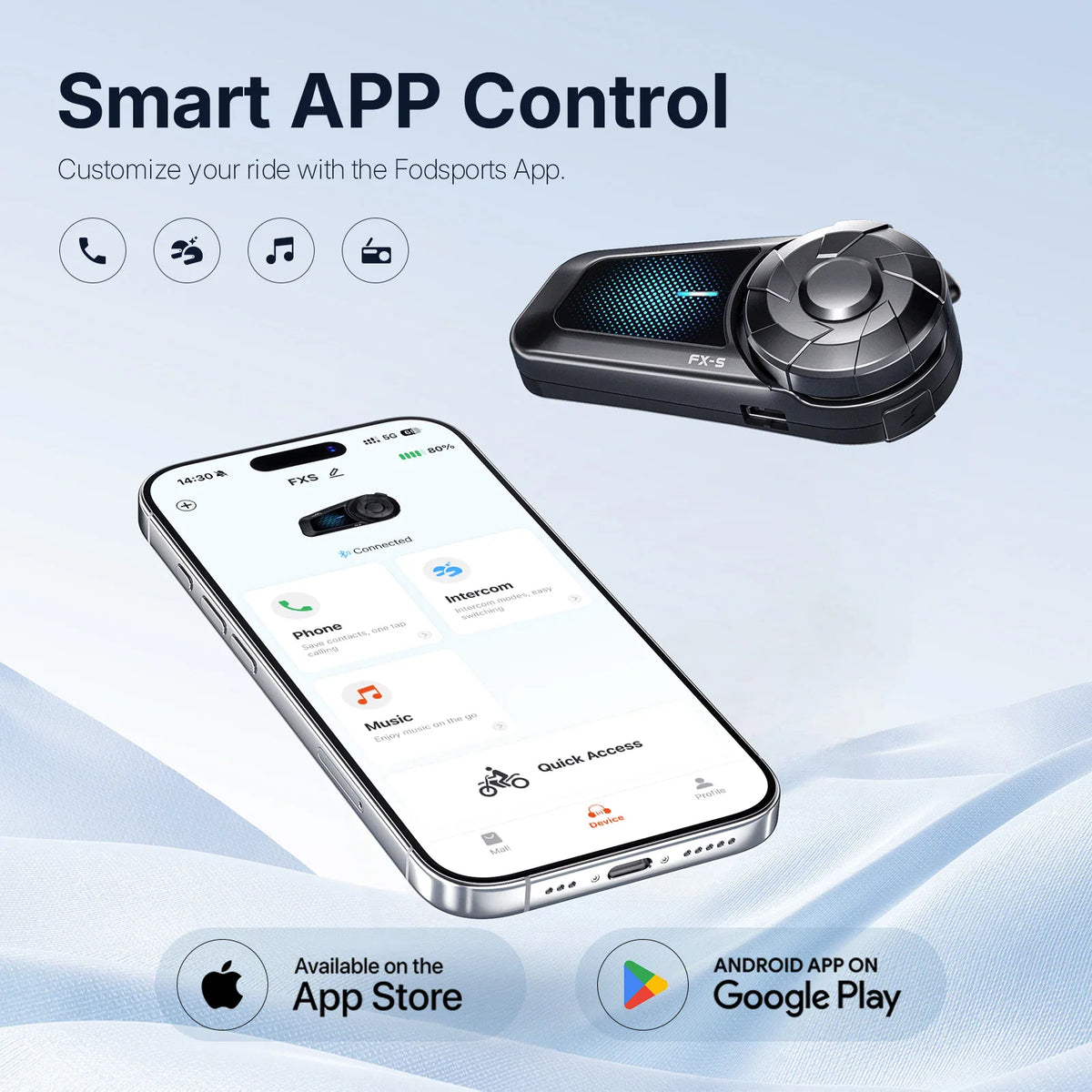 A motorcycle helmet intercom unit shown with a smartphone displaying the control app