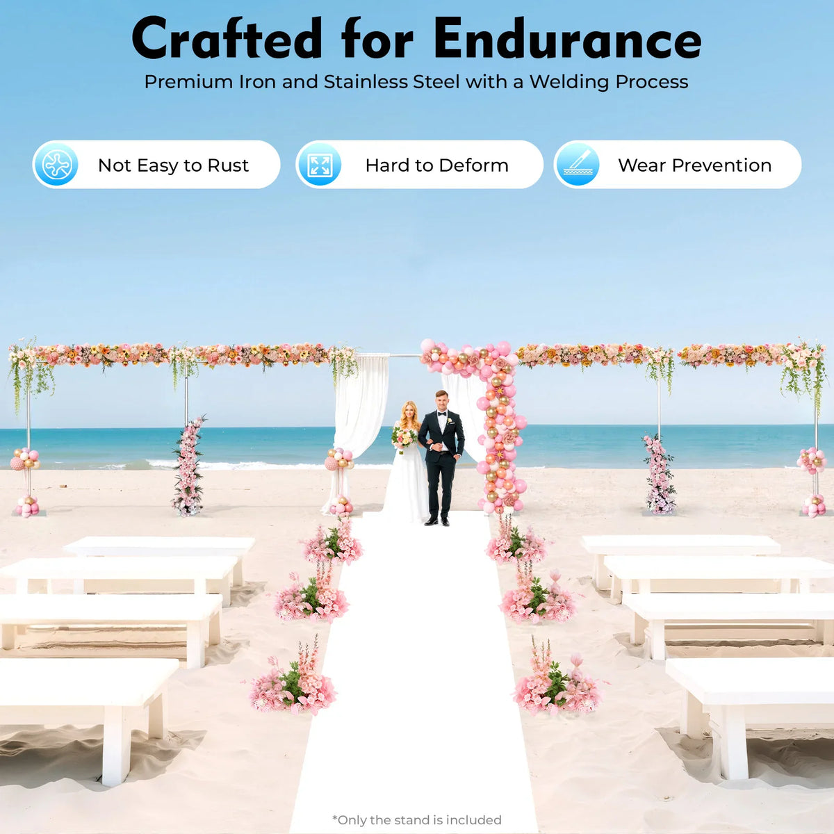 Wedding ceremony setup with a metal arch backdrop on a beach
