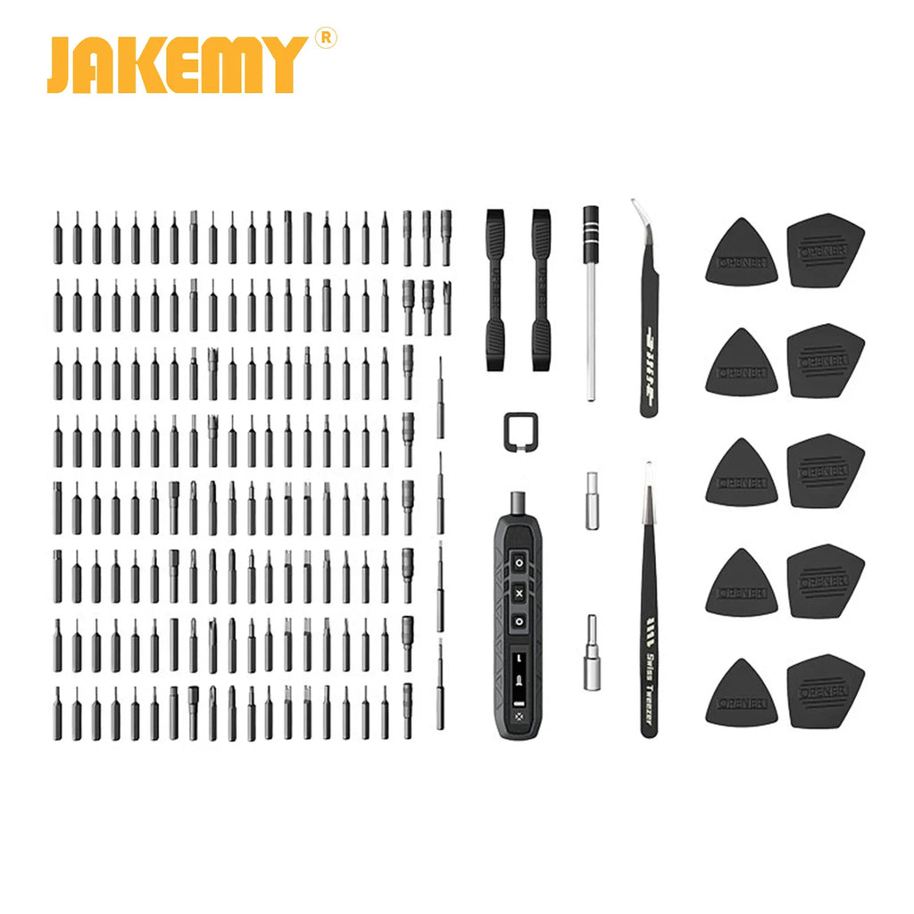 Complete set of precision screwdriver bits, electric handle, and repair accessories laid out flat