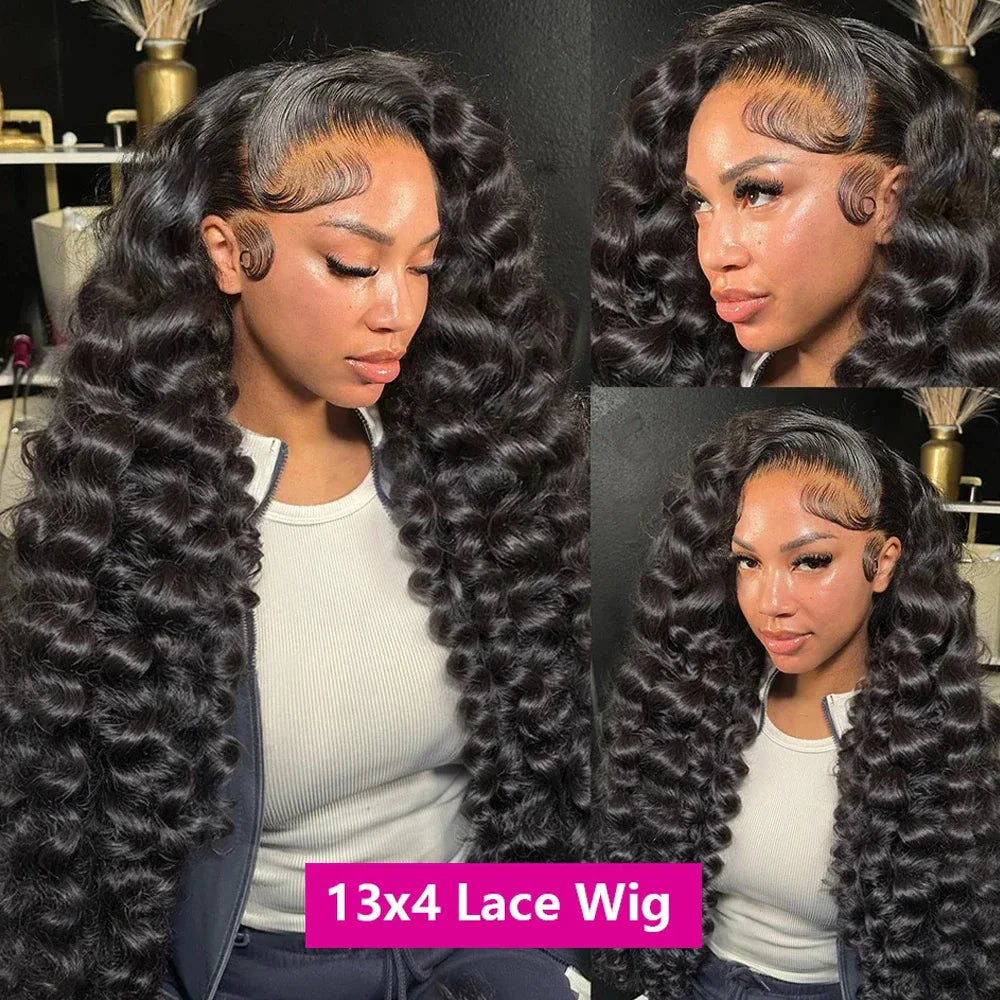 Woman wearing a long curly deep wave lace front human hair wig