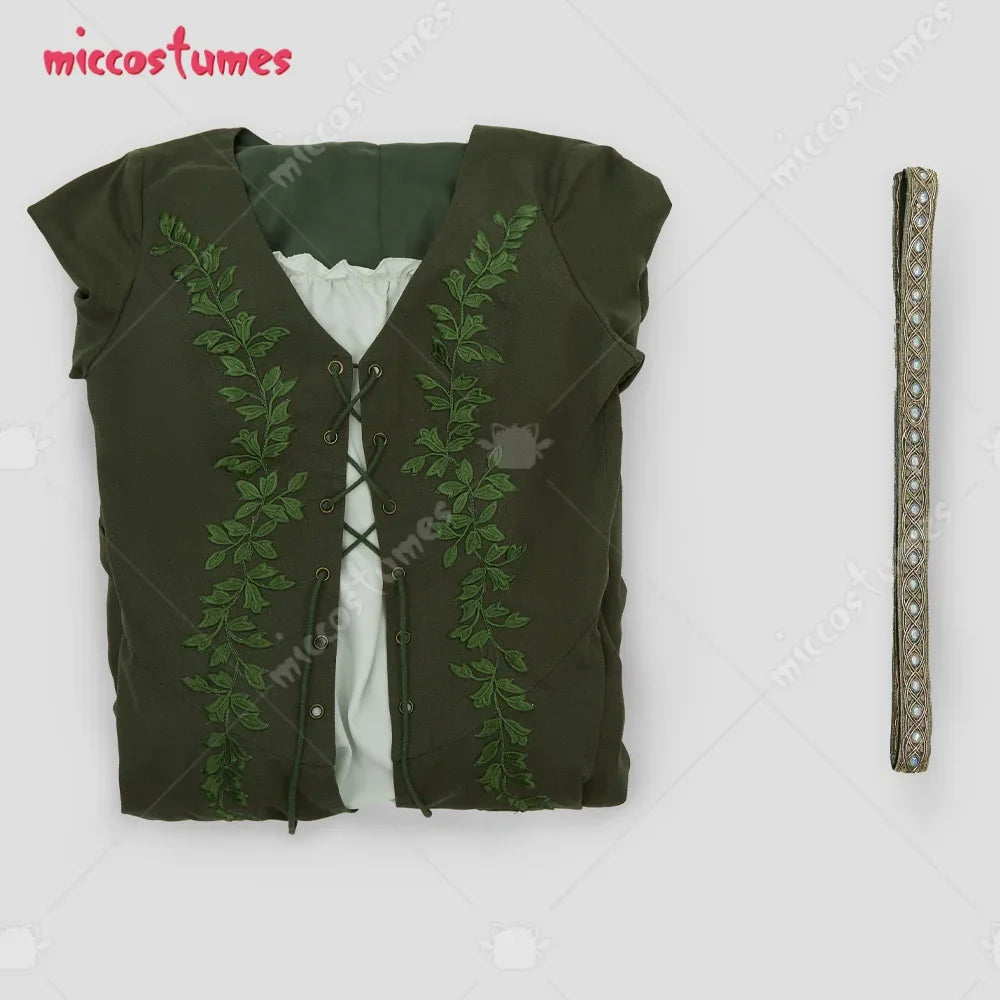Folded olive green medieval dress bodice with vine embroidery and matching decorative belt