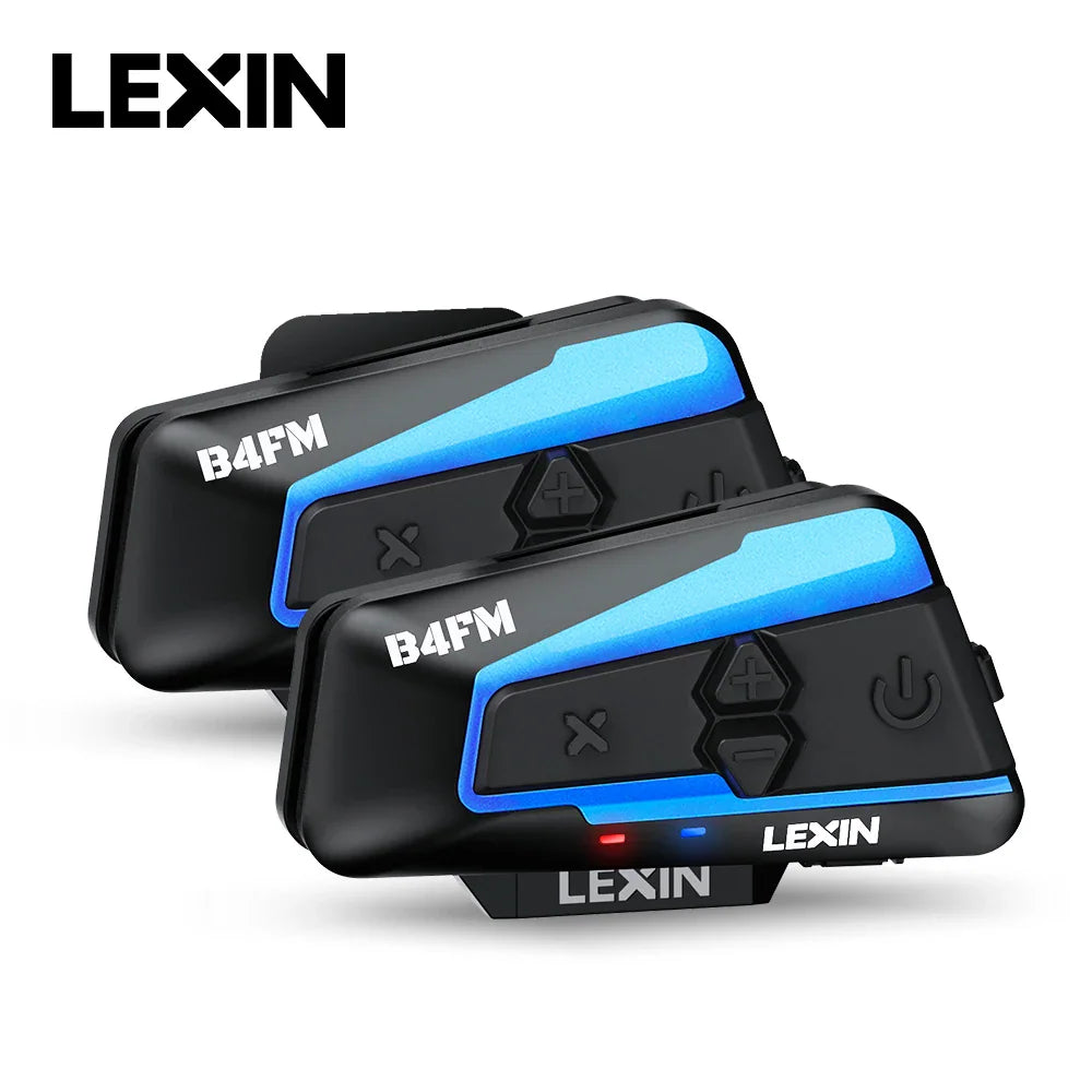 Two black Bluetooth motorcycle intercom headsets with blue accents, isolated on white background