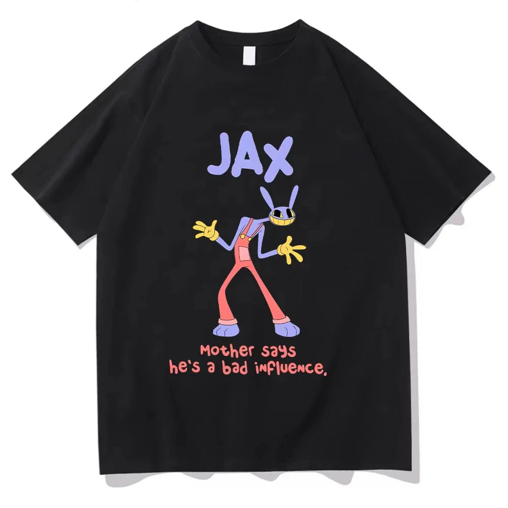 Black short-sleeved cotton t-shirt with purple rabbit cartoon character graphic and text
