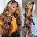 Brown and blonde highlight body wave lace front human hair wig on a woman and a mannequin head