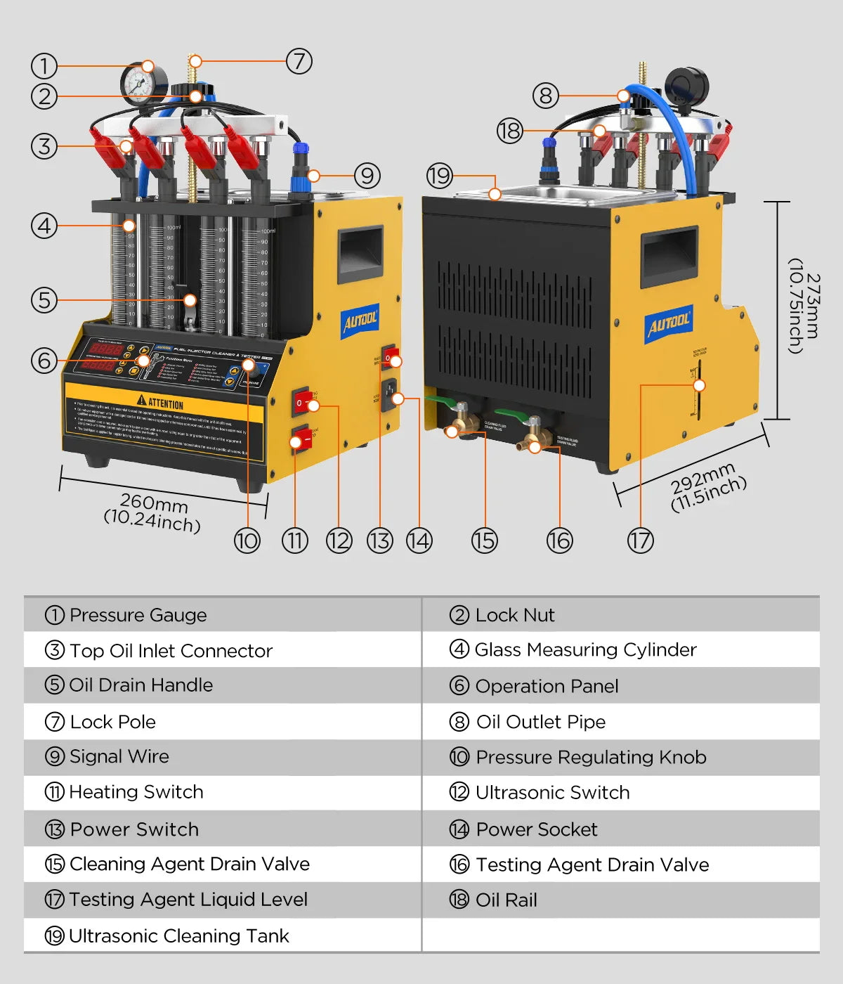 Technical diagram of fuel injector tester machine with numbered parts list and dimension callouts.
