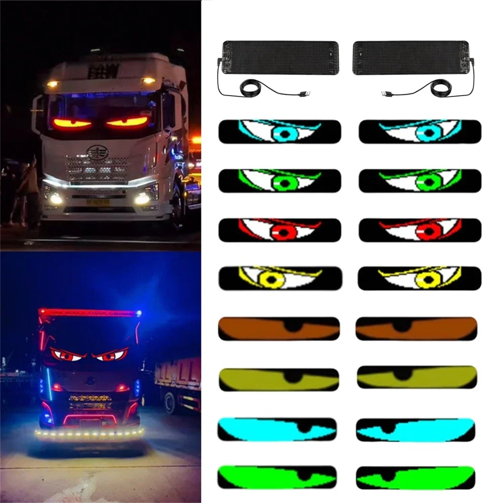 Display screens for car windshields showing various eye color animations for trucks