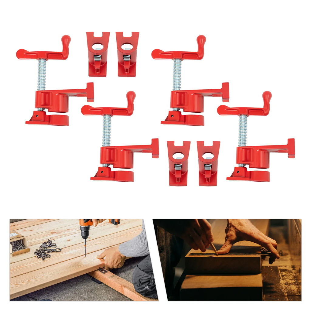 Set of four red cast iron pipe clamps, with inset photos of woodworking tasks.