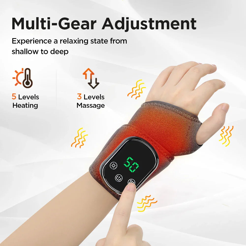Electric heated wrist massager with digital display showing temperature settings and modes.