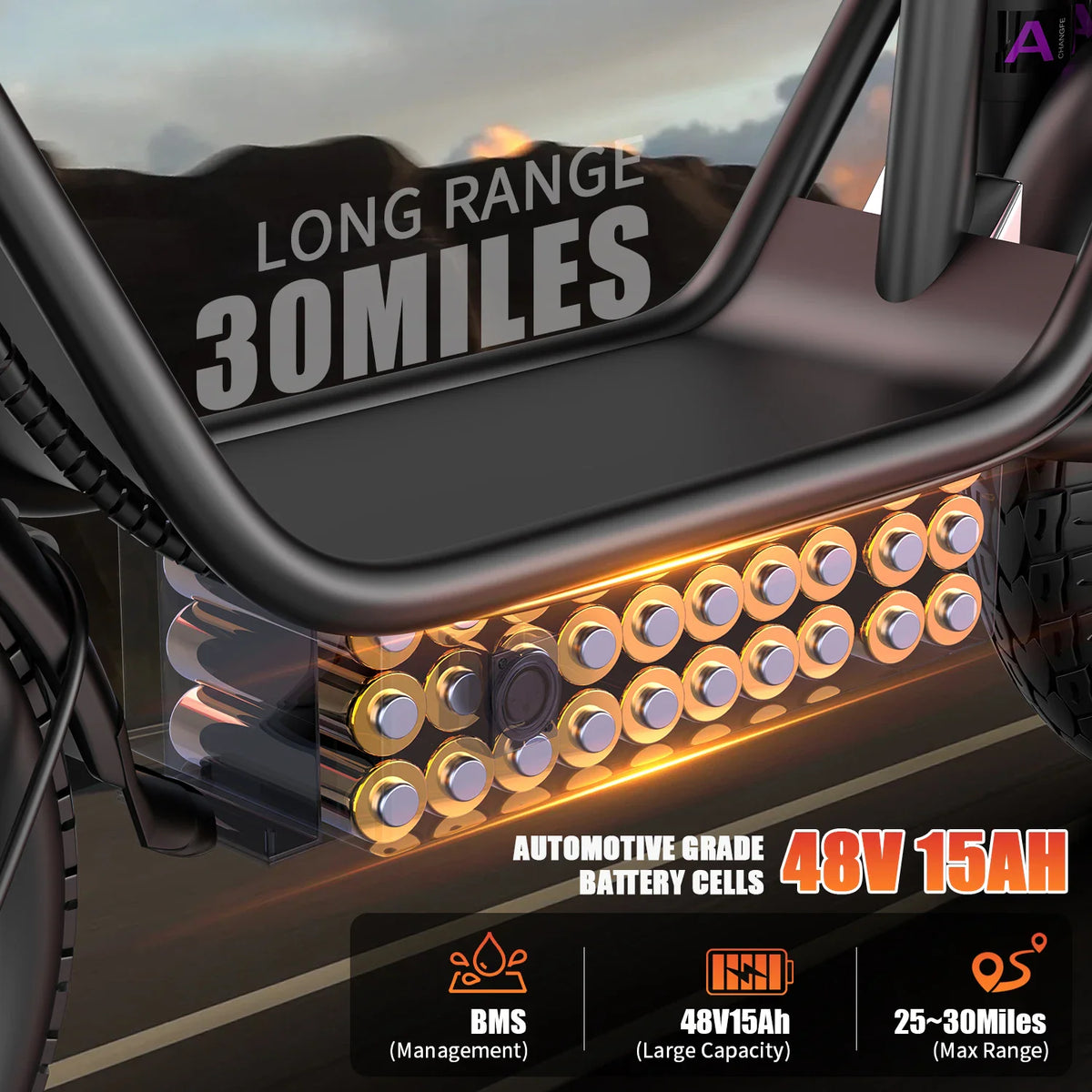 Close-up of electric scooter battery pack and cells with technical specifications for range and capacity.