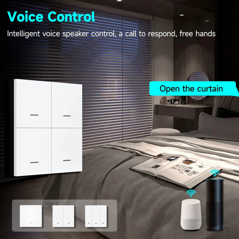 Smart scene switch for voice-controlled curtains with smart speaker.
