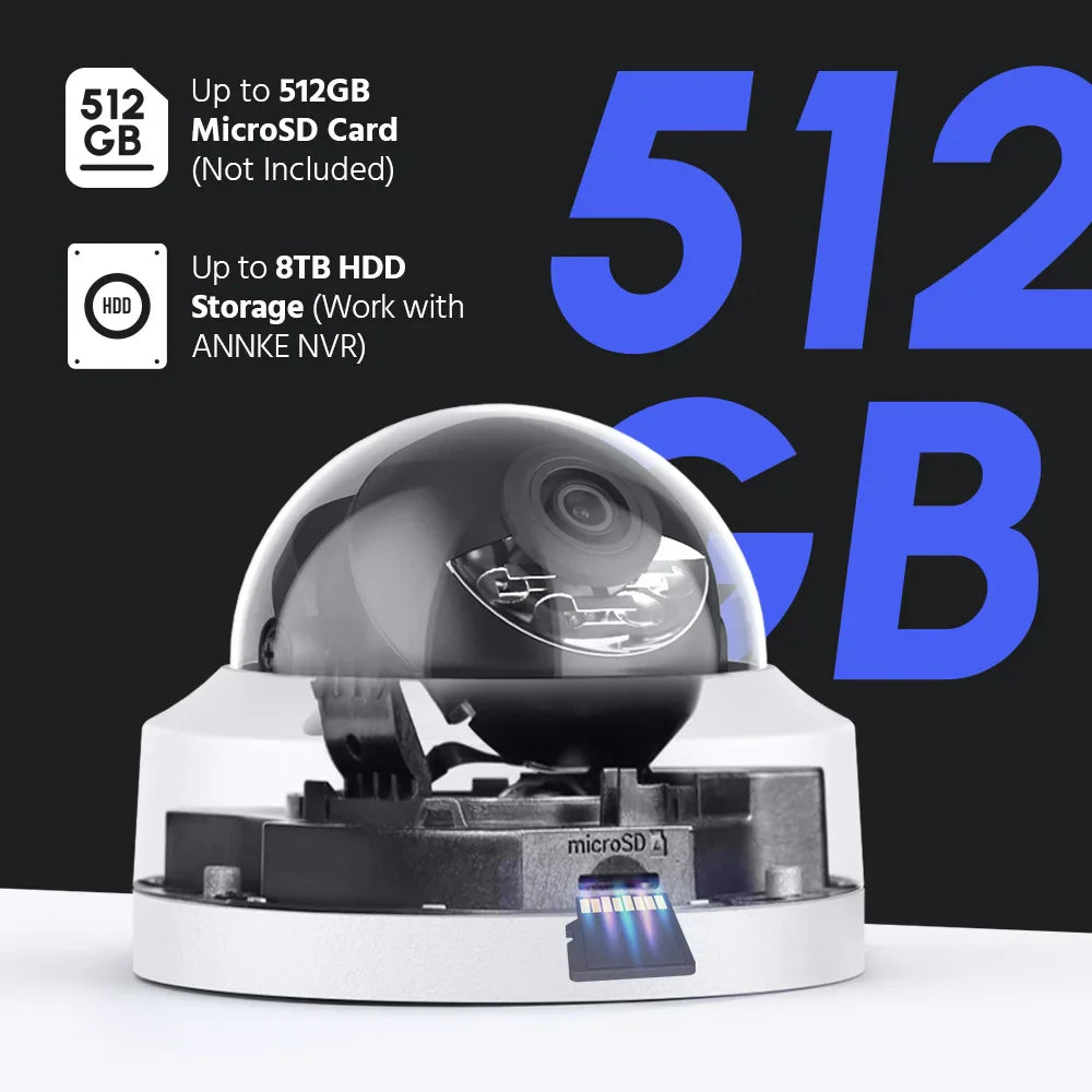 Dome security camera with a visible microSD card slot and storage capacity information text