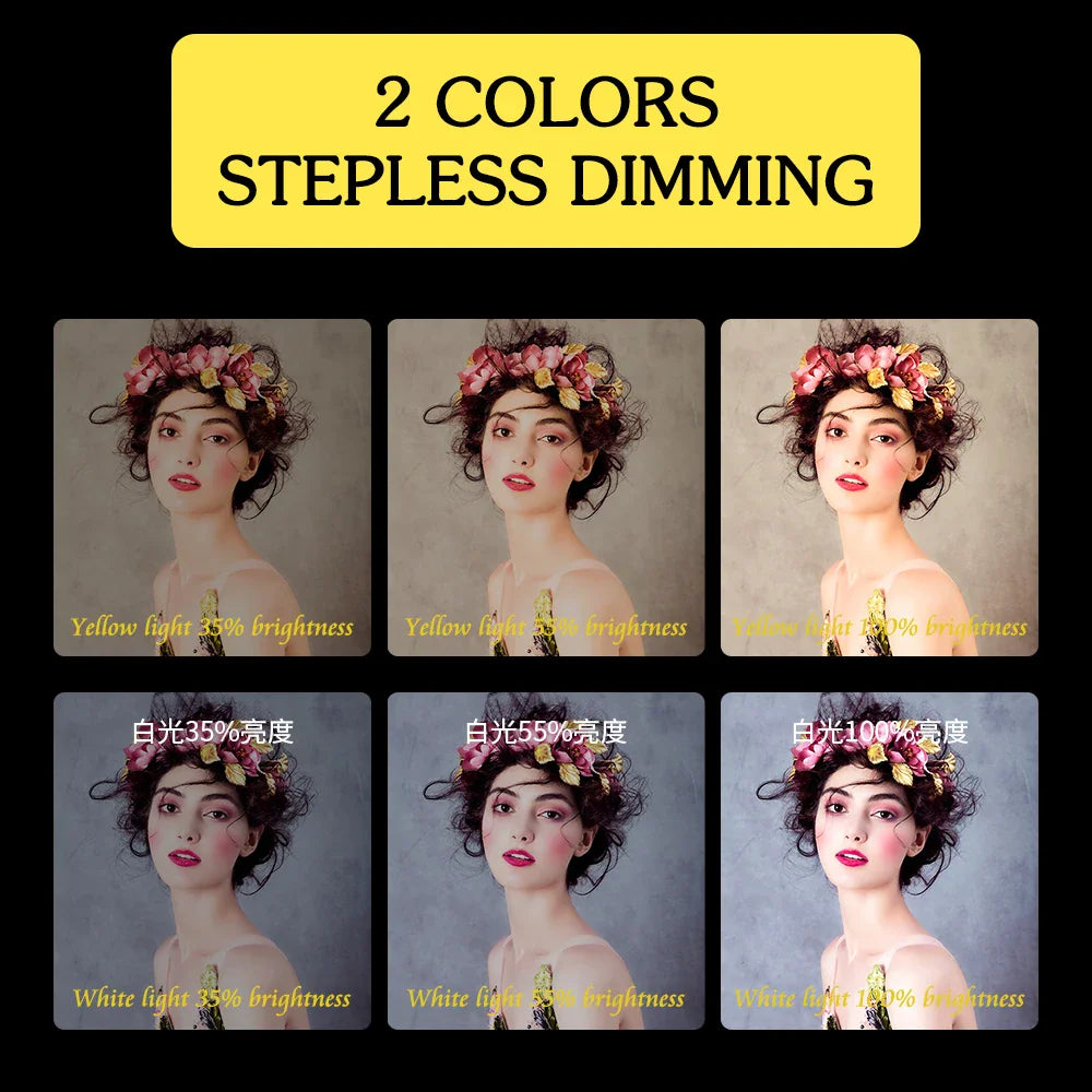 Demonstration of adjustable brightness and color temperature settings using a portrait of a model.