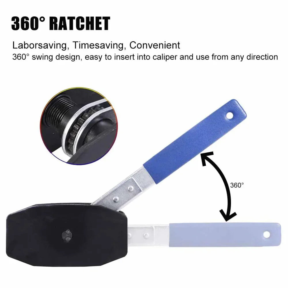 360-degree ratchet brake caliper press tool with a blue handle, showing range of motion.