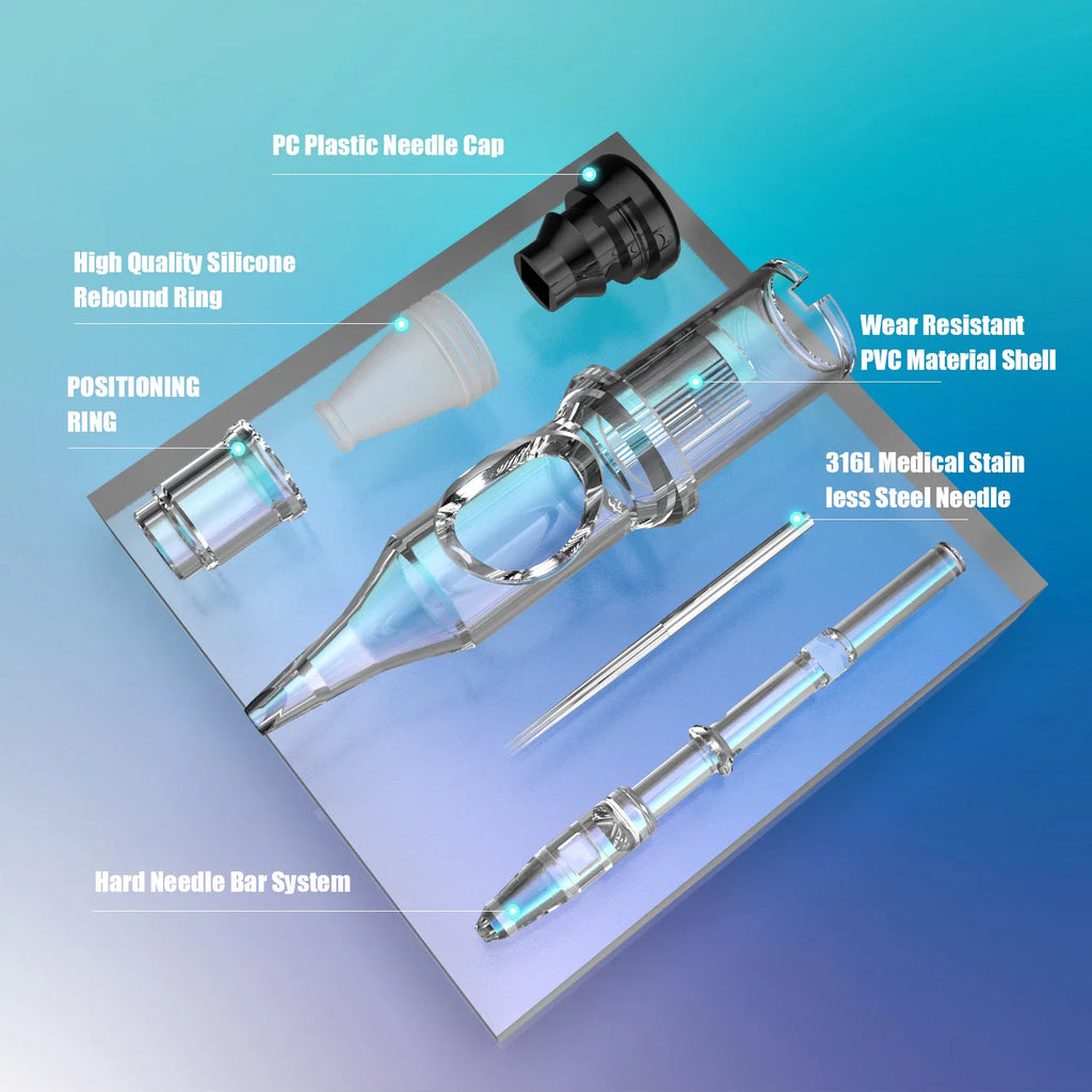 Exploded view diagram of a tattoo needle cartridge components.