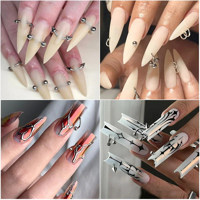 Collage of different nail art designs featuring metallic punk piercing charms on long sculpted fingernails