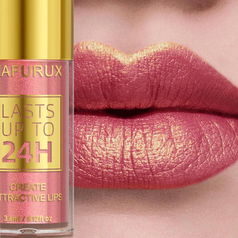 A pink glittery liquid lipstick bottle next to lips with the same metallic pink shade applied.