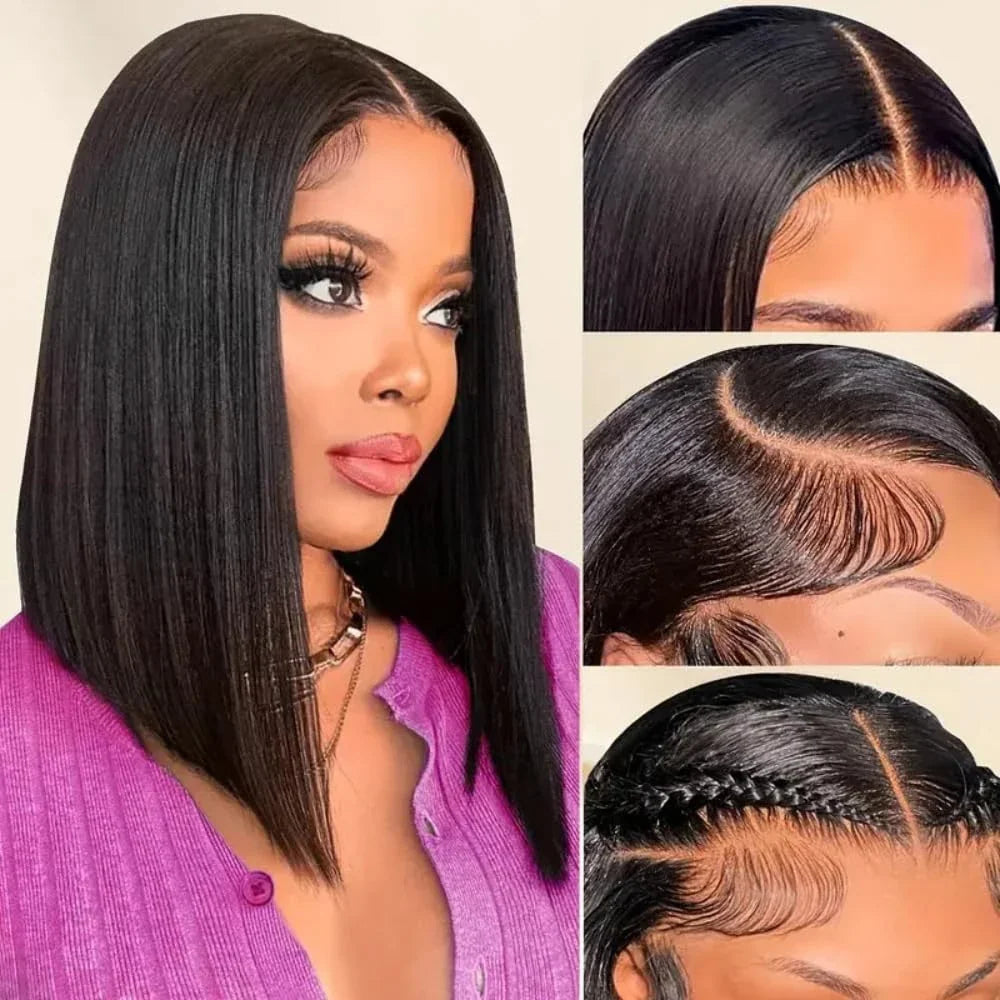 A woman wearing a straight black bob wig with close-ups of the hairline and styling options.