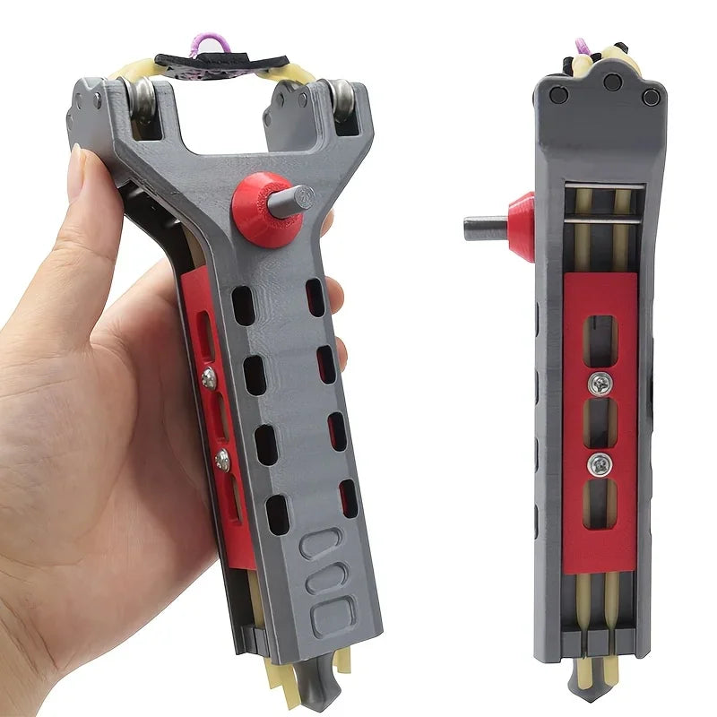Handheld slingshot viewed from front and side angles held in hand