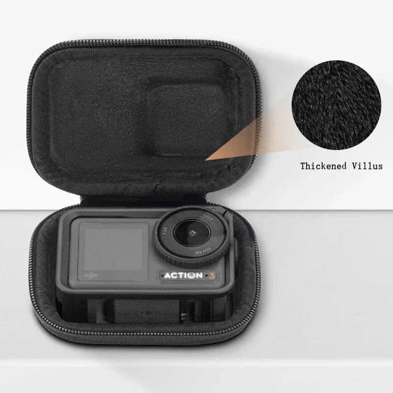 Black protective storage case for action camera with soft inner lining