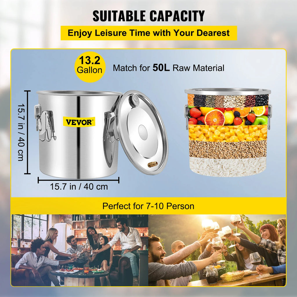 50L stainless steel alcohol distiller capacity diagram with social lifestyle scene and grain illustrations.