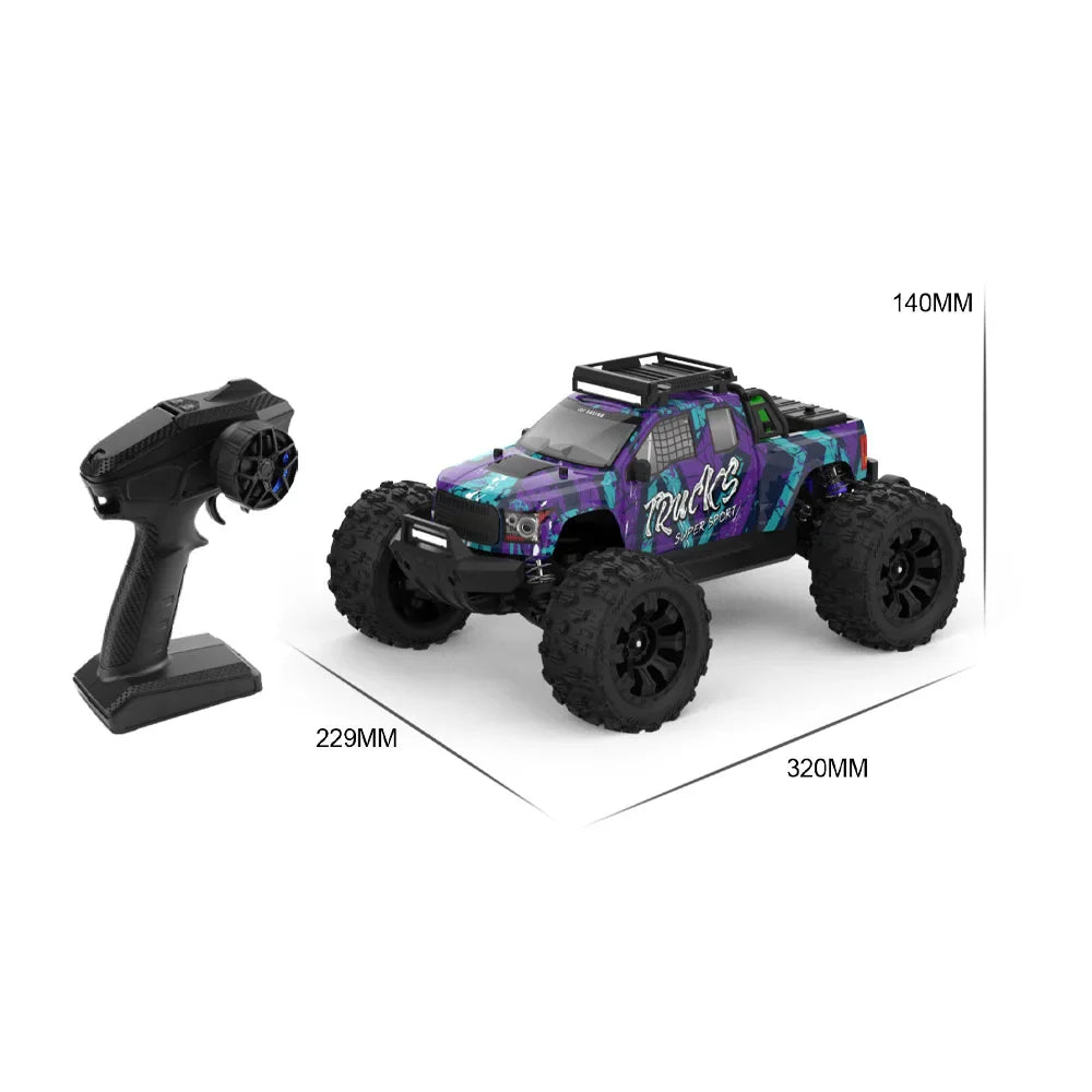Purple remote control monster truck with its wireless transmitter controller and size measurements