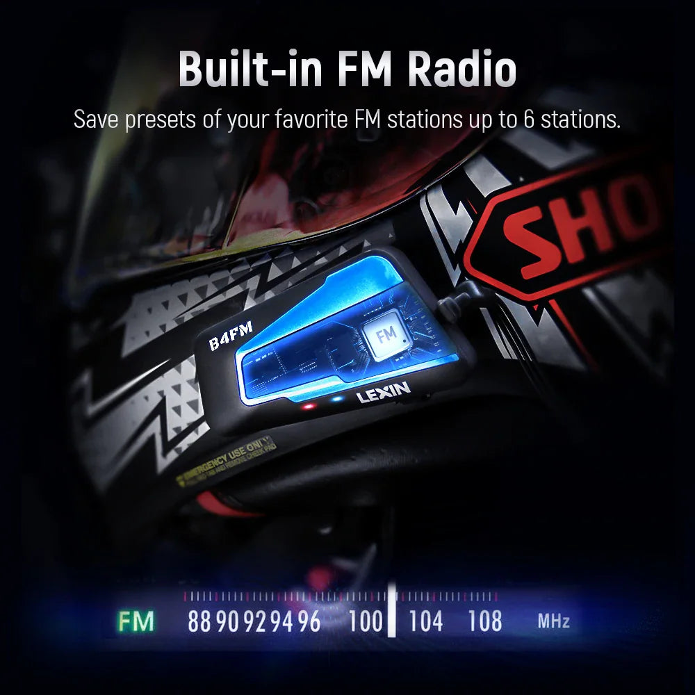 Bluetooth intercom headset mounted on a motorcycle helmet showing built-in FM radio feature