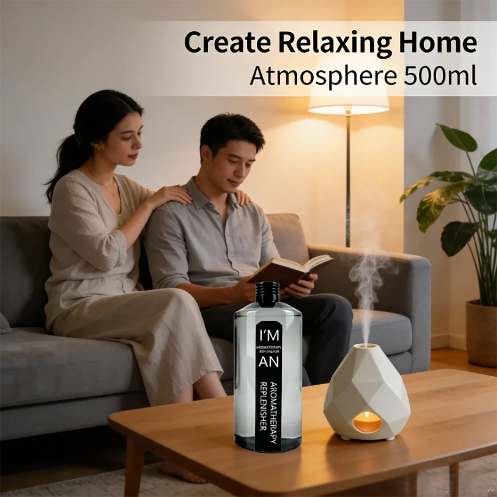 Aromatherapy replenisher oil bottle beside a white humidifier with a couple relaxing on a couch in the background.